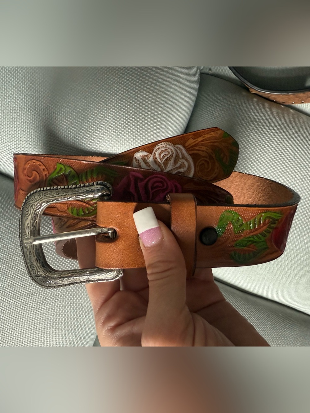 Hand-Painted Brown Leather women’s belt with Floral Detail